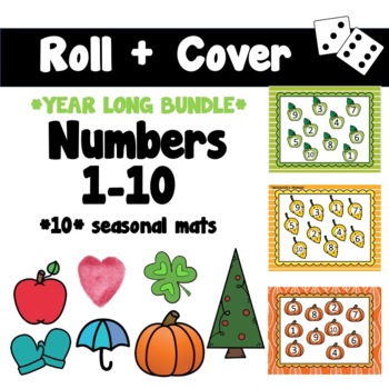 Preview of Roll & Cover 1-10 Kinder/First Math Center | NO PREP | YEAR LONG BUNDLE!