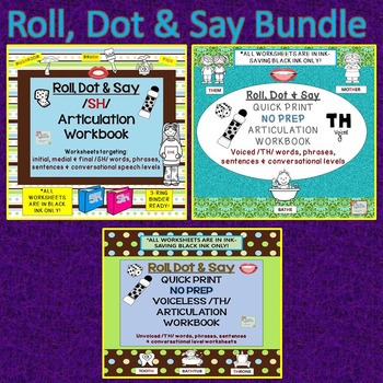 Preview of ROLL, DOT & SAY Articulation Workbook Bundle: VL /TH/, Voiced /TH/ & /SH/