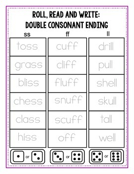 Roll, Read and Write Double Consonant Endings by Hi5 Homeschool