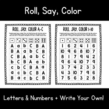 Preview of Roll Say Color Intervention Game Letter and Number ID Preschool DK Kindergarten