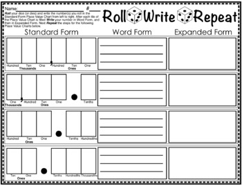 roll write repeat place value dice game decimal expanded form tpt