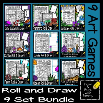 Preview of Roll and Draw Art Game 9 Set Roll a Drawing Art Sub Lesson Activity Bundle