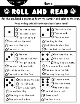 Roll and Read Decodable Sentences- Sight Word and CVC Reading Fluency