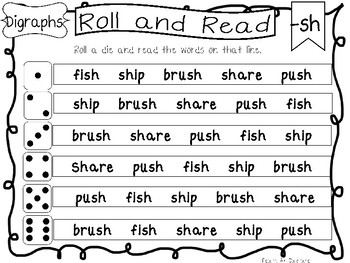 Roll and Read Digraph Worksheets. 10 pages. Kindergarten-1st Grade ELA.