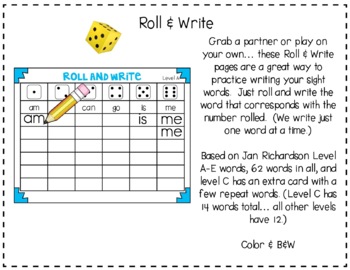 Roll And Write Sight Words Jan Richardson Level A E The Next Step In Gr
