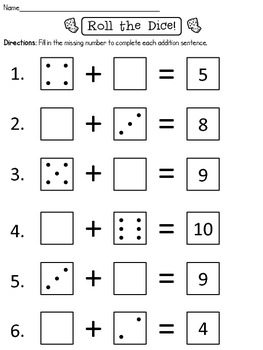 Roll the Dice Missing Addend Worksheet FREEBIE by Mrs Kiswardys Class