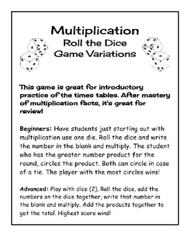 math grade sheet 2 Catdogteaches the   by   Dice Game Multiplication TpT Roll