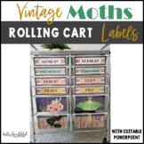 Rolling Cart Editable Labels | Vintage Moths Classroom Decor
