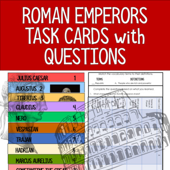 Preview of Roman Emperors Task Cards Stations Activity with Vocabulary Organizer & Question