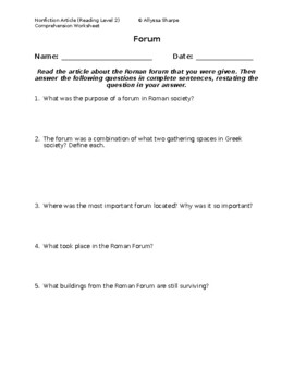 Preview of Roman Forum Article (Level 2) Comprehension Worksheet