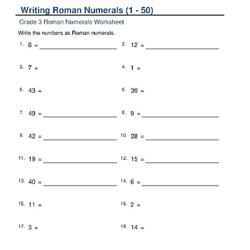 Roman Numeral Mastery: Grade 3 Math Worksheet by WonderTech World