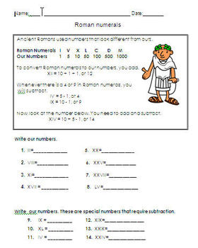 Preview of Roman numeral worksheet for 3rd grade