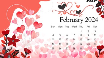 Preview of Romantic Red and Pink Aesthetic February Monthly Calendar 2024 - Valentine's Day
