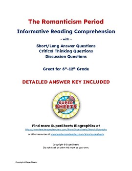 Preview of Romanticism Period: Reading Comprehension & Questions w/ Answer Key