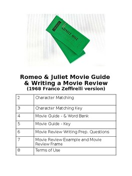 Preview of Romeo & Juliet 1968 Movie Guide No Prep Middle & High School ESL Sub Activity