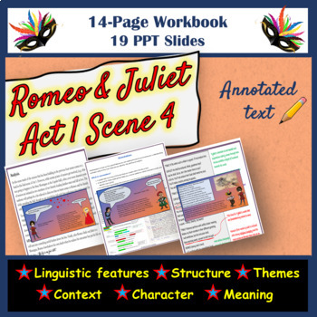 Preview of Romeo & Juliet Act 1, Scene 4 Annotated Text, Comprehension Questions & Slides.