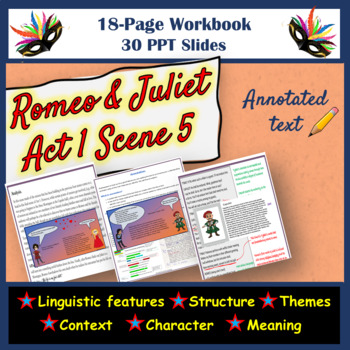 Preview of Romeo & Juliet Act 1, Scene 5 Annotated Text, Comprehension Questions & Slides.