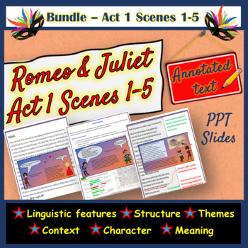 Preview of Romeo & Juliet Act 1 Scenes 1 - 5 Annotated Text, Questions & PPT Slides