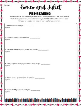 Preview of Romeo & Juliet: Pre-Reading Activities Printable Handout