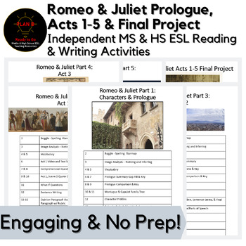 Preview of Romeo & Juliet Prologue+Acts 1-5+Final Project Grades 7-12 ESL No Prep Sub Pack