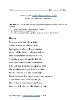 Preview of Romeo & Juliet Prologue - Poetic Structure Sonnet
