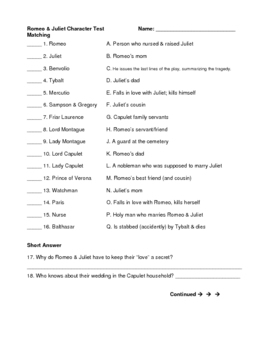 Preview of Romeo & Juliet Shakespeare Character Test + Review Game