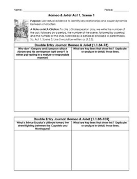 Preview of Romeo & Juliet Worksheets with Double-Entry Journals and Guiding Questions