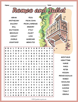 Romeo and Juliet Word Search Worksheet by Puzzles to Print | TpT
