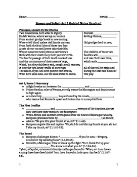 Romeo And Juliet Act 1 Guided Notes Handout By Classroom Quips And Tips