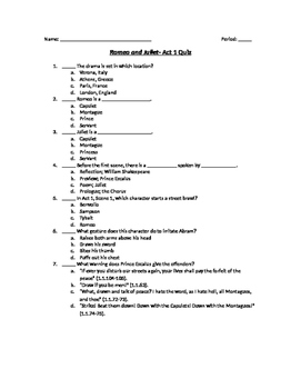 Preview of Romeo and Juliet- Act 1 Quiz and Answer Key