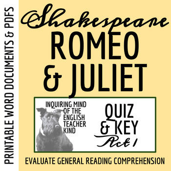 Preview of Romeo and Juliet Act 1 Quiz and Answer Key for High School