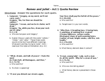 Preview of Romeo and Juliet Act 1 Quote Analysis