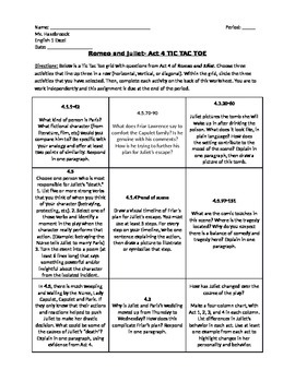Preview of Romeo and Juliet- Act 4 Tic-Tac-Toe Worksheet