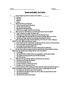 Preview of Romeo and Juliet- Act 5 Quiz and Answer Key