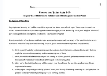 Preview of Romeo and Juliet Acts 2-5 Inquiry Based Interactive Notebook and Essay