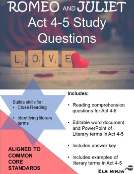 Preview of Romeo and Juliet Acts 4-5 Vocabulary, Lit Terms, and Guided Reading Questions