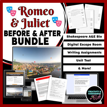 Preview of Romeo and Juliet BEFORE & AFTER BUNDLE | Digital Escape Intro, Test, Essays Etc.