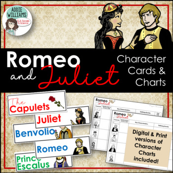 Preview of Romeo and Juliet Character Cards and Character Charts (Print & Digital Charts)