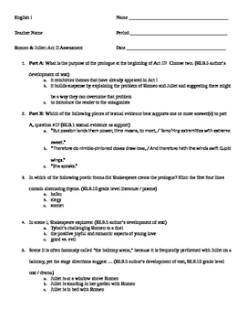 Romeo and Juliet Common Core Assessment Act II by Love Language Arts