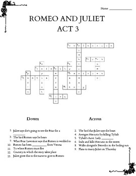 Romeo and Juliet Crossword Puzzle: Act 3 by Procrastinator Educator