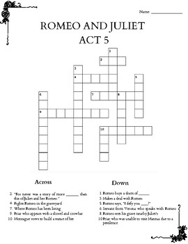 Romeo and Juliet Crossword Puzzle: Act 5 by Procrastinator Educator