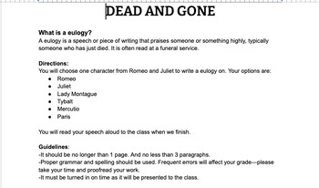 Preview of Romeo and Juliet Eulogy Writing NO PREP