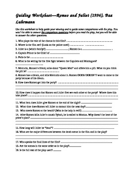 Preview of Romeo and Juliet Film Guiding Worksheet (Luhrmann)