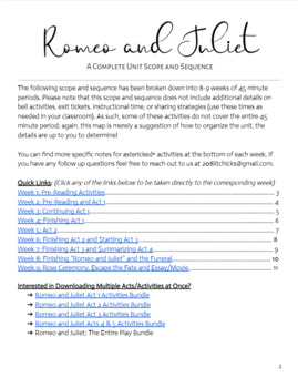 Preview of Romeo and Juliet Full Unit Scope and Sequence (Free)