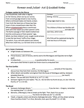 Preview of Romeo and Juliet- Guided Notes Handouts on All 5 Acts
