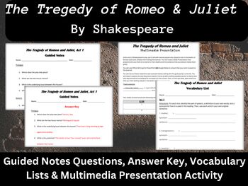 Preview of Romeo and Juliet - 174 Guided Notes Questions, Vocabulary, & Multimedia Activity