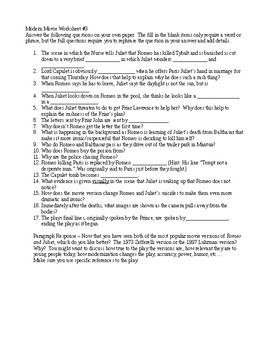 Preview of Romeo and Juliet Luhrman Movie Worksheet 3