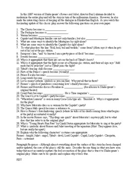 Preview of Romeo and Juliet Luhrmann Movie Worksheet 1