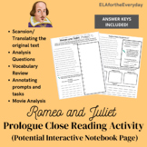 Romeo and Juliet Prologue Close Reading Activity Worksheet