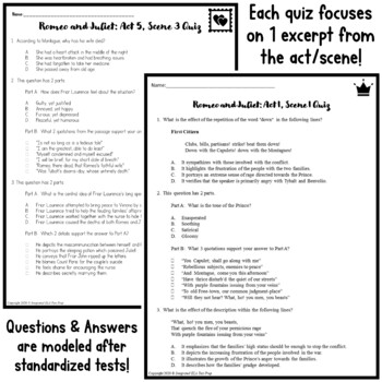 Romeo & Juliet Quizzes & Final Exam - Acts 1-5 with Answer Key